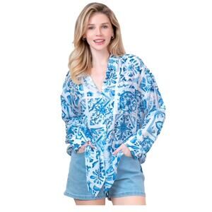 Peach Women's Long Sleeve Oversized Voile Button Down Shirt Beach Fruit Print S